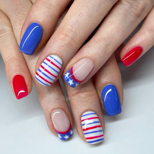 Patriotic Elegance Short Square Blue and Red Striped Design Press On Nail Set