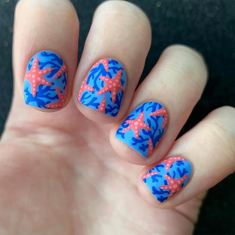 Oceanic Delight Short Square Bright Blue with Starfish Design Press-On Nail Set