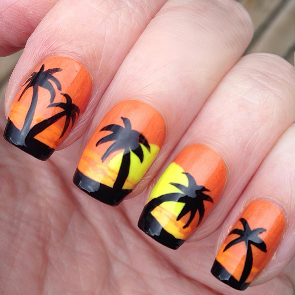 Tropical Sunset Short Square Orange Yellow Palm Tree Press On Nail Set