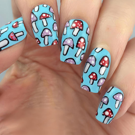 Whimsical Mushroom Theme Short Square Sky Blue Press-On Nail Set with Fun Colorful Designs
