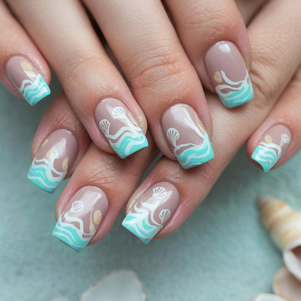 Ocean Breeze Medium Square Aqua Ombre Nail Set with Seashell Details