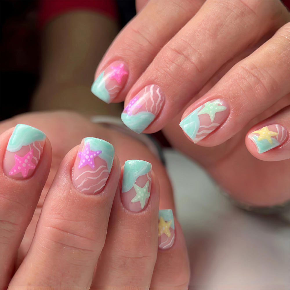 Tropical Dream Medium Square Mint Green with Starfish Accents Press On Nail Set