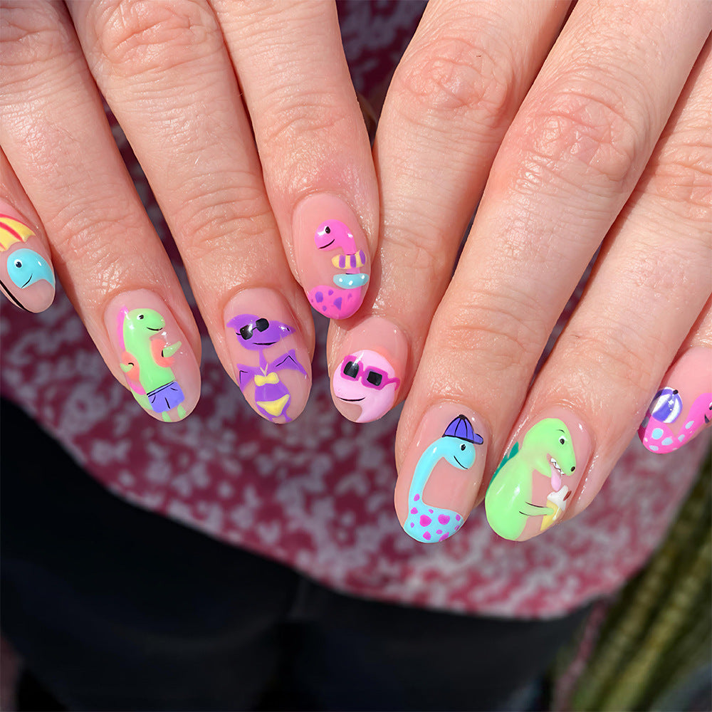 Dino Adventure Short Round Pastel Nail Set with Whimsical Dinosaur Designs