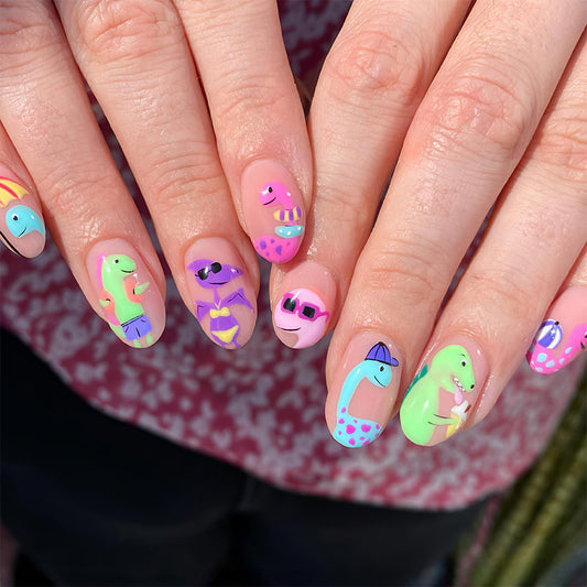 Dino Adventure Short Round Pastel Nail Set with Whimsical Dinosaur Designs