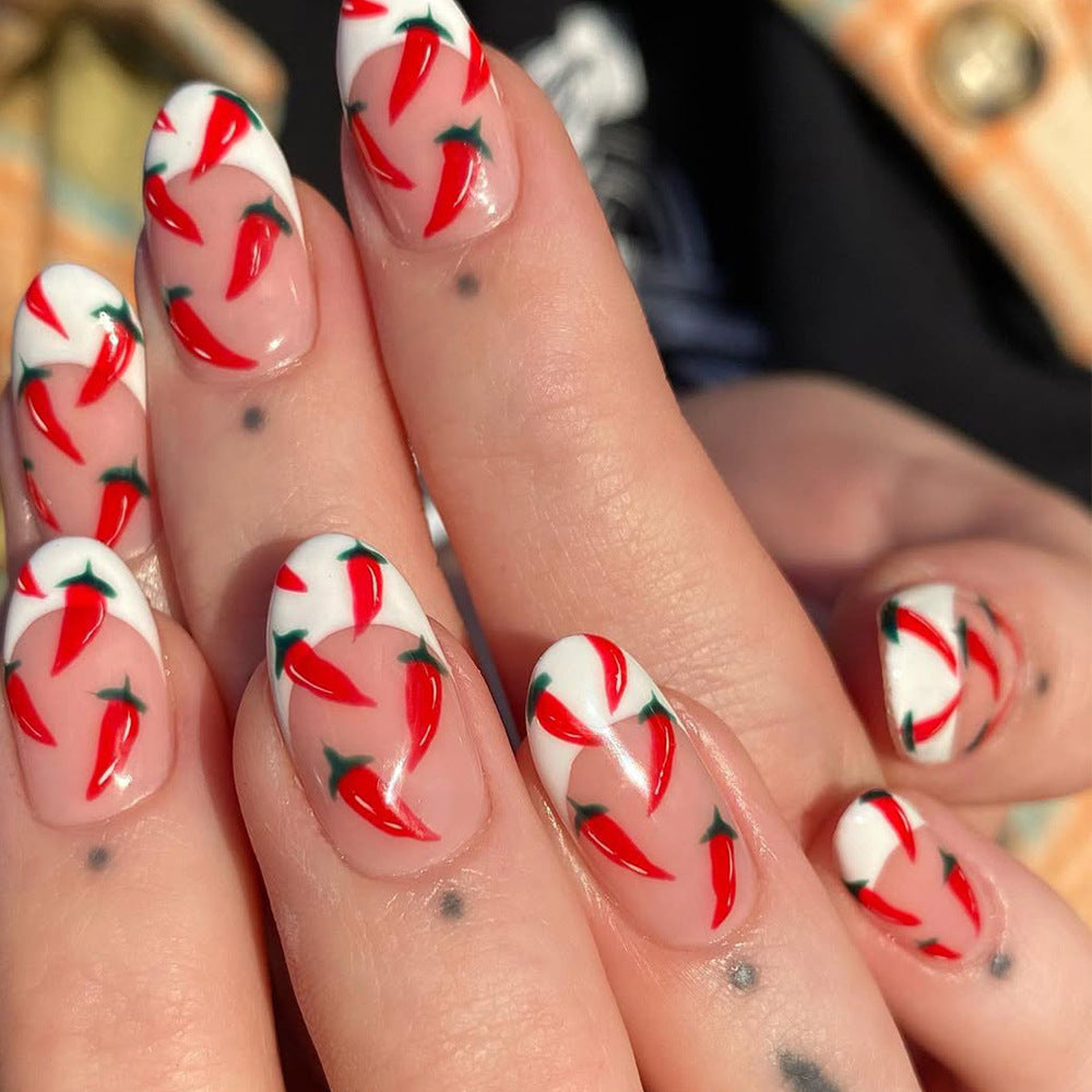 Spicy Delight Long Oval Red Chili Print Nail Set