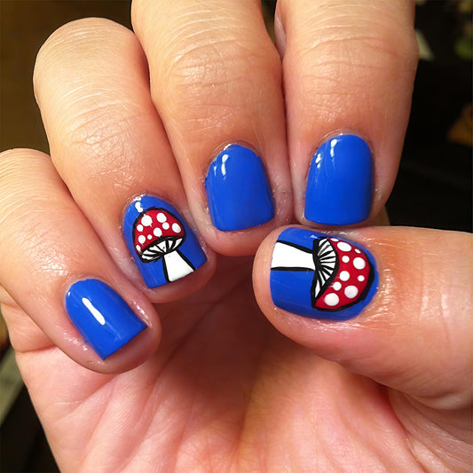 Whimsical Blue Short Square Press On Nail Set with Playful Mushroom Art