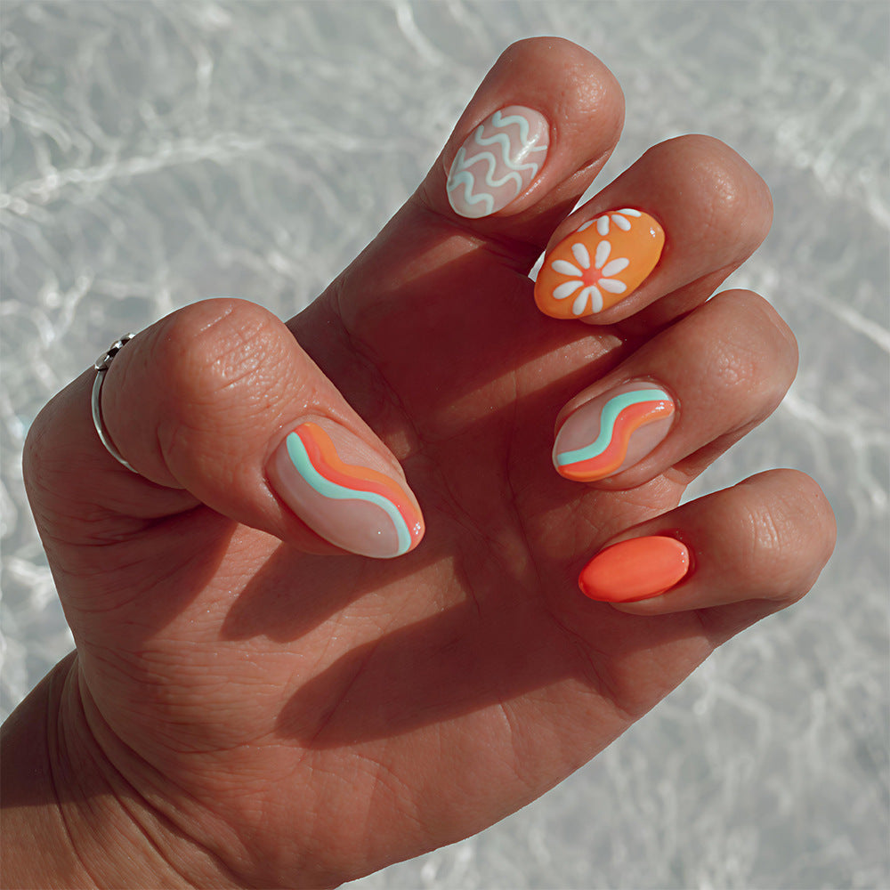 Tropical Vibes Medium Almond Orange and White Abstract Nail Set