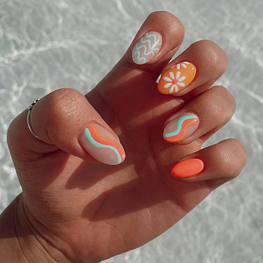Tropical Vibes Medium Almond Orange and White Abstract Nail Set