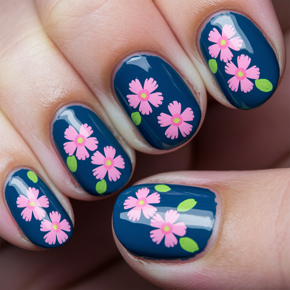 Floral Fantasy Short Squoval Navy with Charming Pink Blossom Design Press On Nail Set