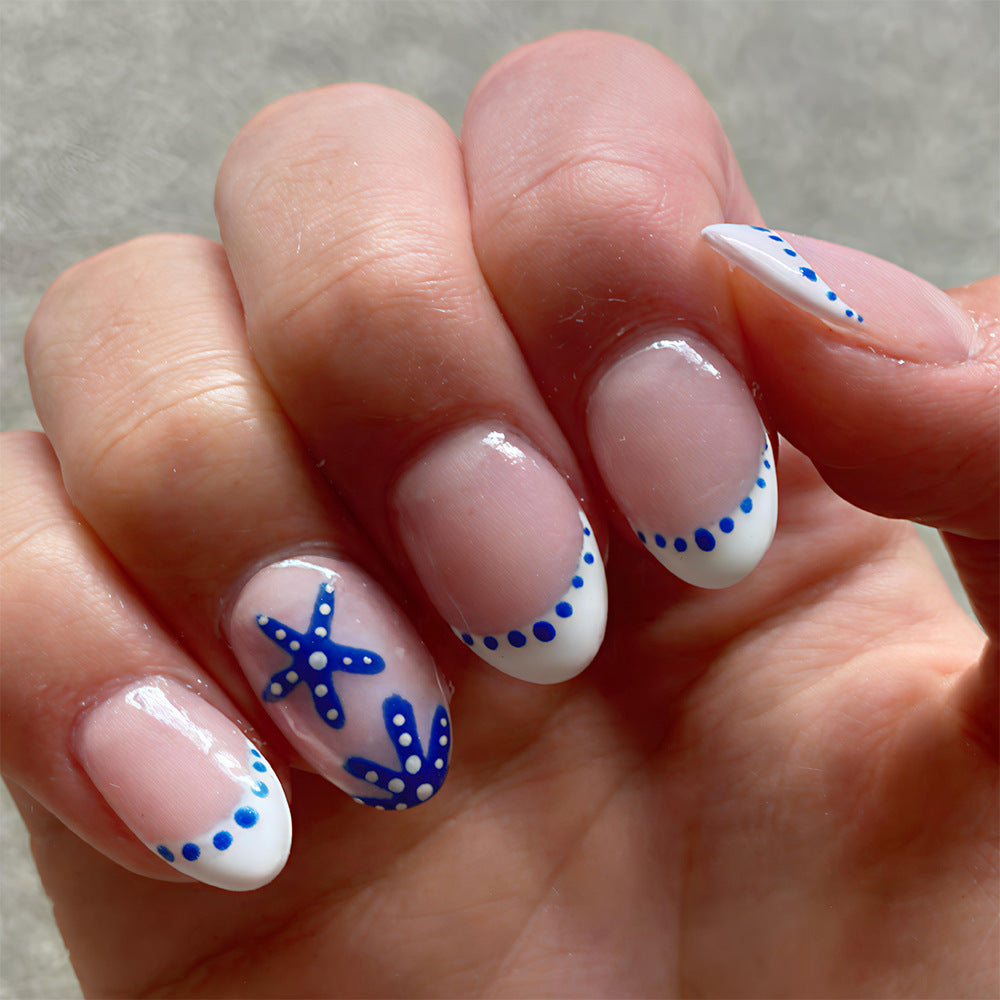 Ocean Breeze Short Round White and Blue Dotted Nail Set