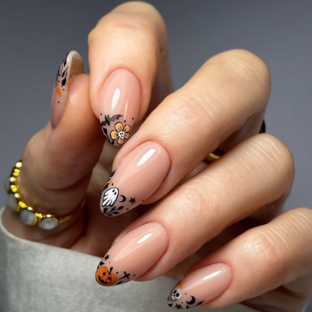 Mystical Autumn Medium Almond Orange Floral and Ghost Design Press On Nail Set