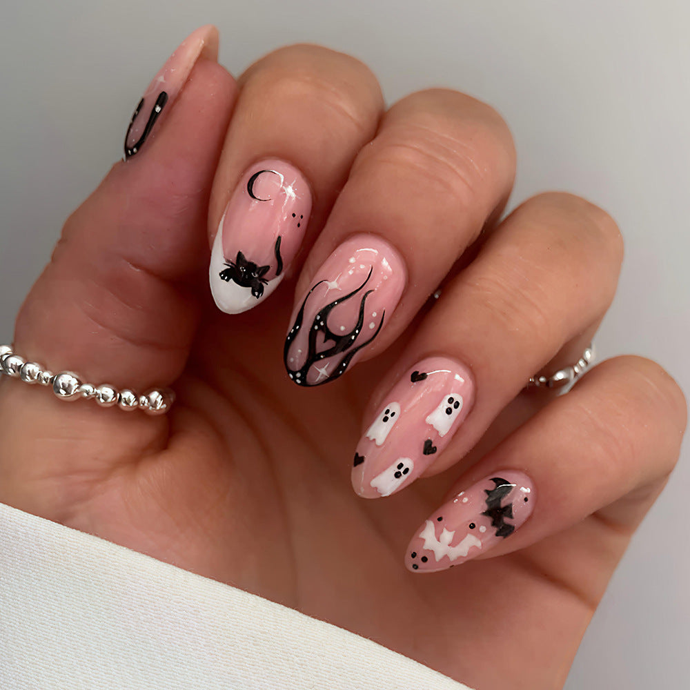 Spooky Chic Medium Almond Pink with Halloween Ghosts and Cats Press On Nail Set