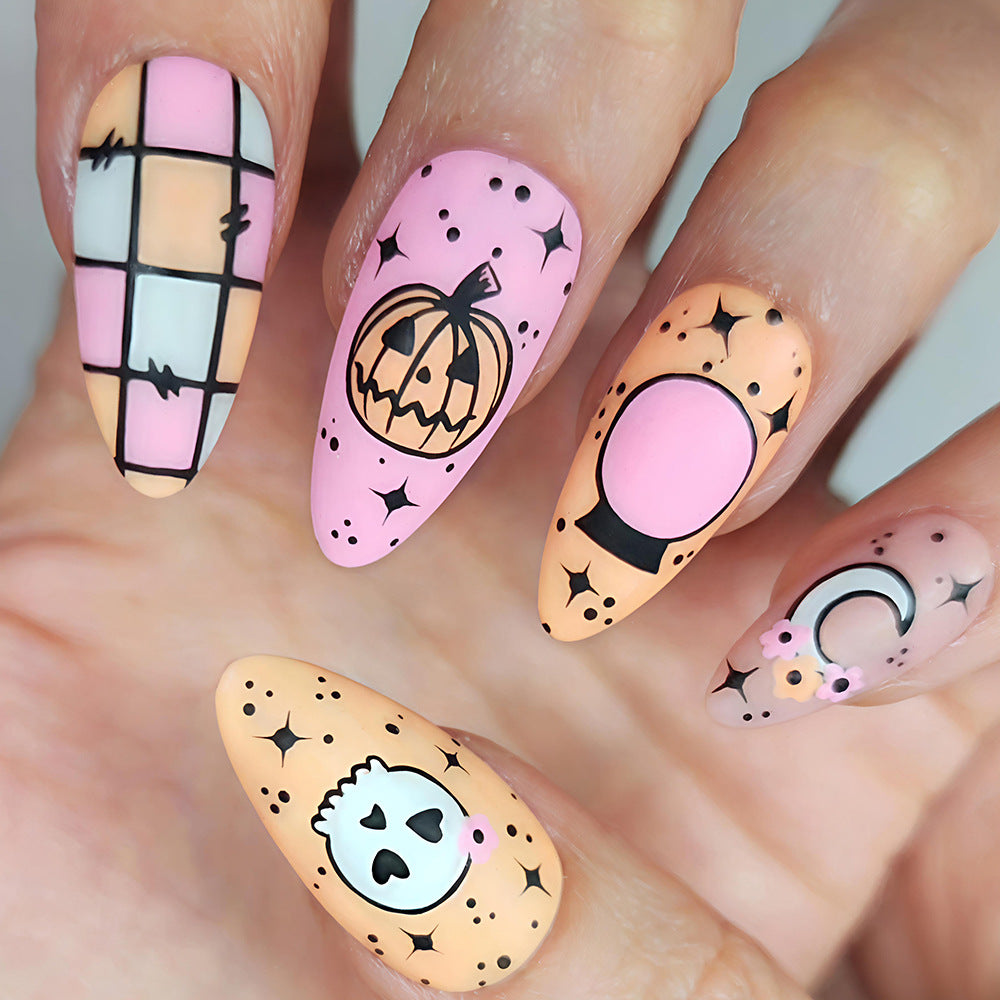 Spooky Autumn Medium Almond Pink and Orange Nail Set with Fun Halloween Designs