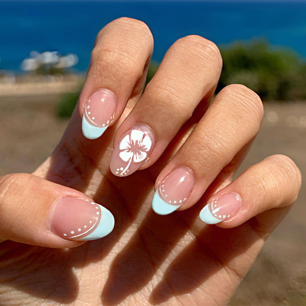 Tropical Bliss Medium Almond Ocean Blue Floral Press On Nail Set