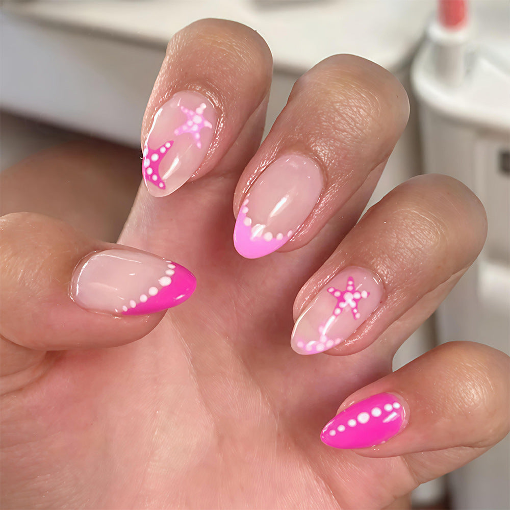 Whimsical Summer Vibes Medium Almond Pink Ombre Press On Nail Set with Starfish Design