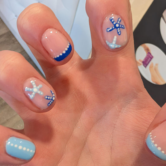 Ocean Breeze Short Square Blue Starfish Nail Set with Chic White Accents