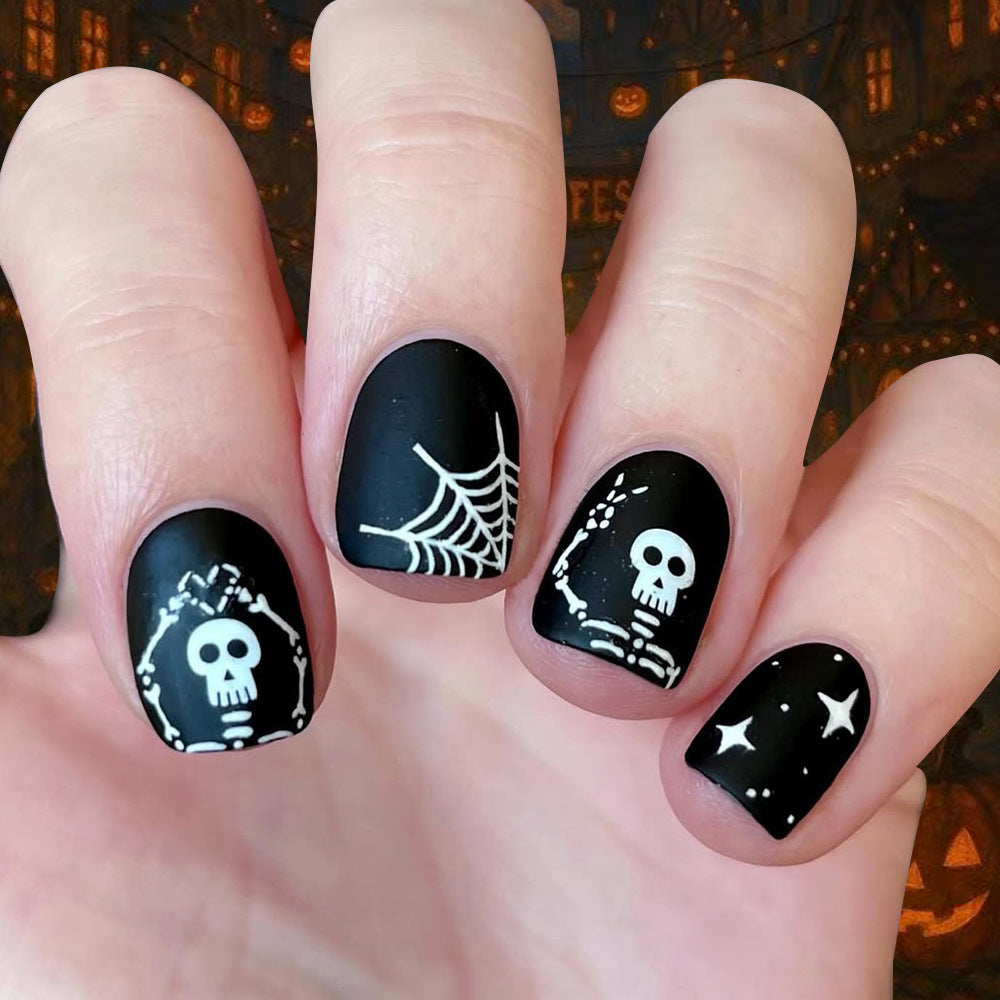Spooky Vibes Short Square Black Skull and Spiderweb Press on Nail Set