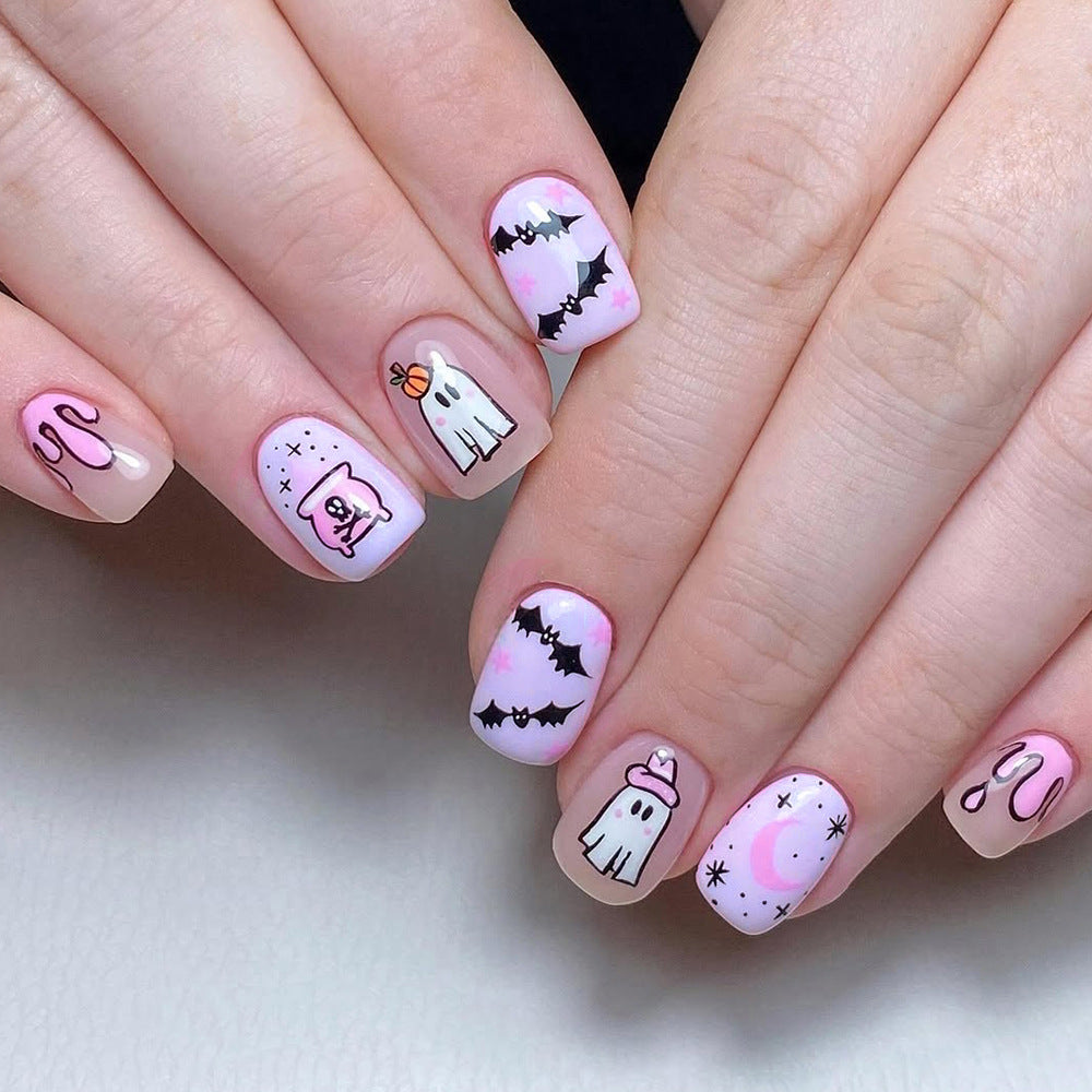 Spooky Halloween Short Square Pink with Ghost and Bat Designs Press on Nail Set