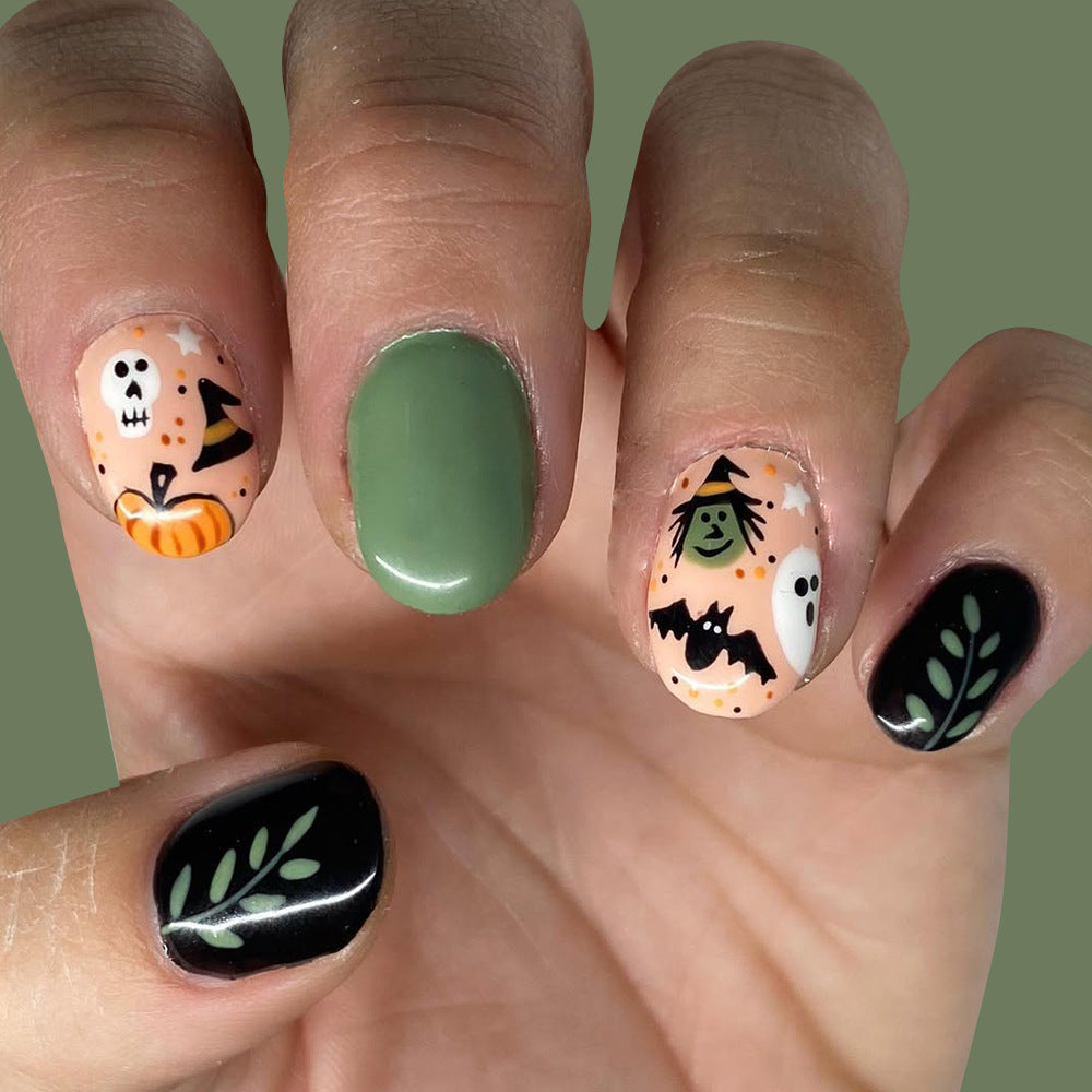 Spooky Season Medium Round Green with Halloween Designs Press On Nail Set
