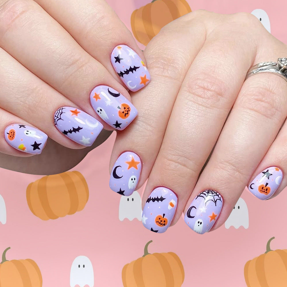 Spooky Short Square Lavender Nail Set with Halloween Charm