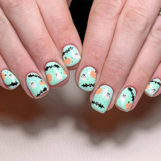 Spooky Halloween Short Square Mint Green Nail Set with Ghost and Pumpkin Design