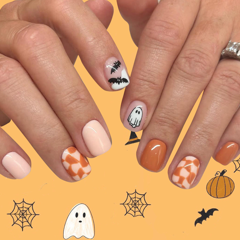 Spooktacular Short Square Orange Halloween Nail Set with Unique Ghost and Bat Designs