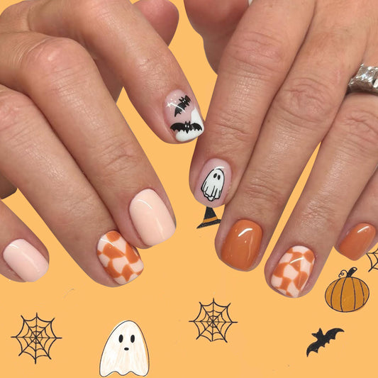 Spooktacular Short Square Orange Halloween Nail Set with Unique Ghost and Bat Designs
