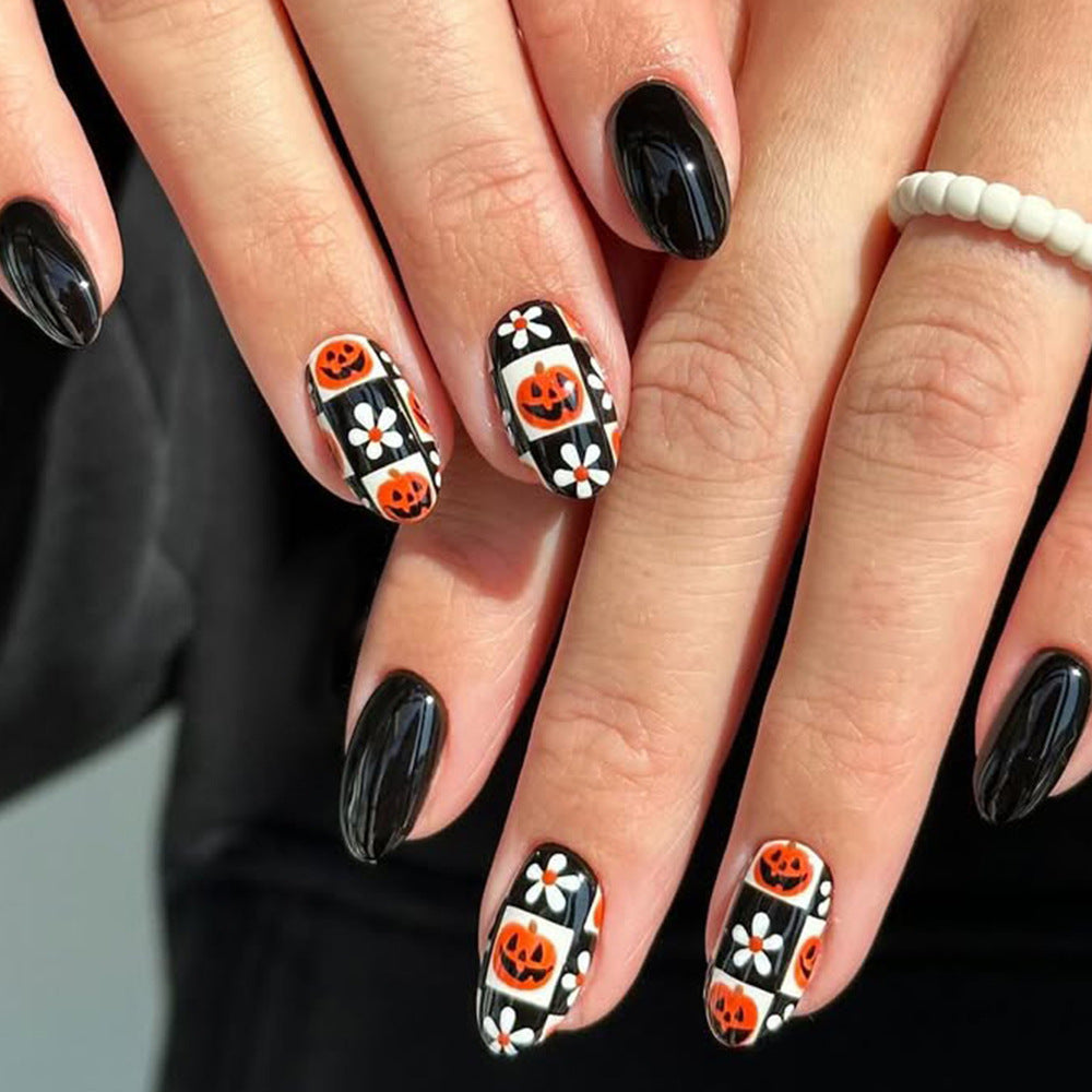Spooky Halloween Medium Almond Black and Orange Pumpkin Nail Set