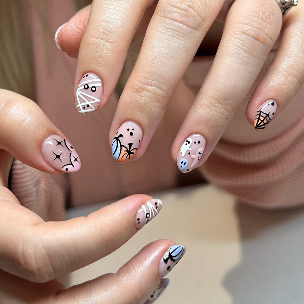 Whimsical Halloween Short Almond Soft Pink Design Press On Nail Set