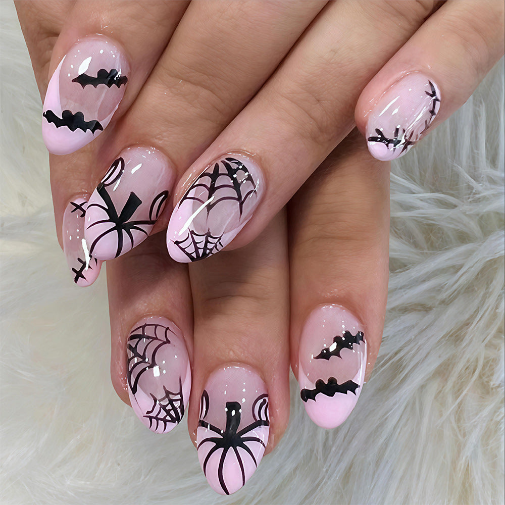 Spooktacular Short Almond Pink Nail Set with Halloween Spider Web Design