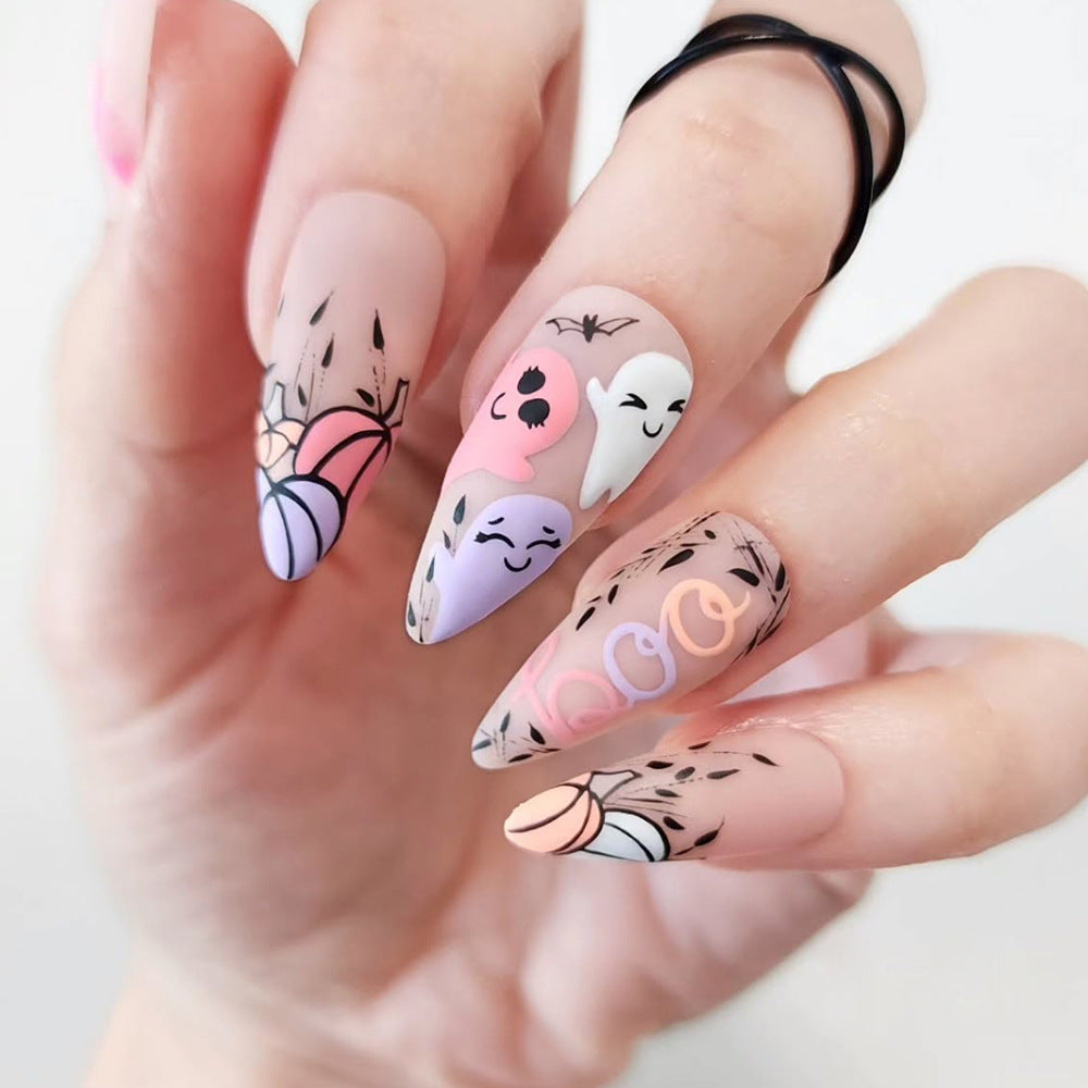 Spooky Vibes Medium Almond Matte Pink Ghost Nail Set