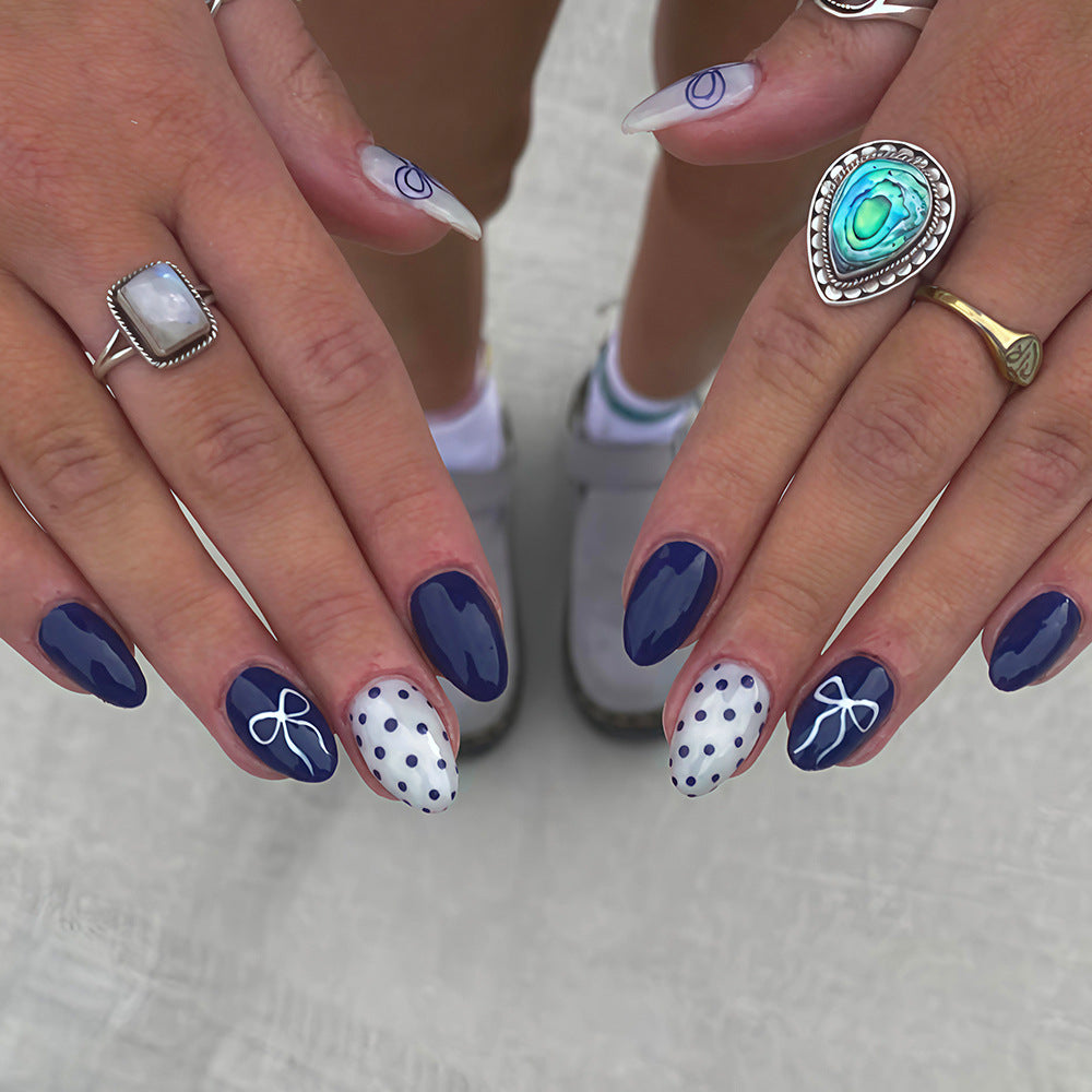 Nautical Elegance Medium Almond Blue with Polka Dot and Bow Design Press on Nail Set