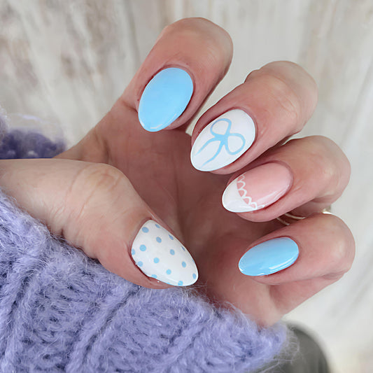 Whimsical Blue Short Almond Press-On Nail Set with Unique Bow Design