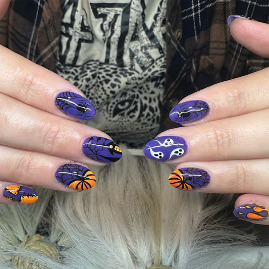 Spooky Halloween Medium Oval Purple Nails with Intricate Spider Web Design