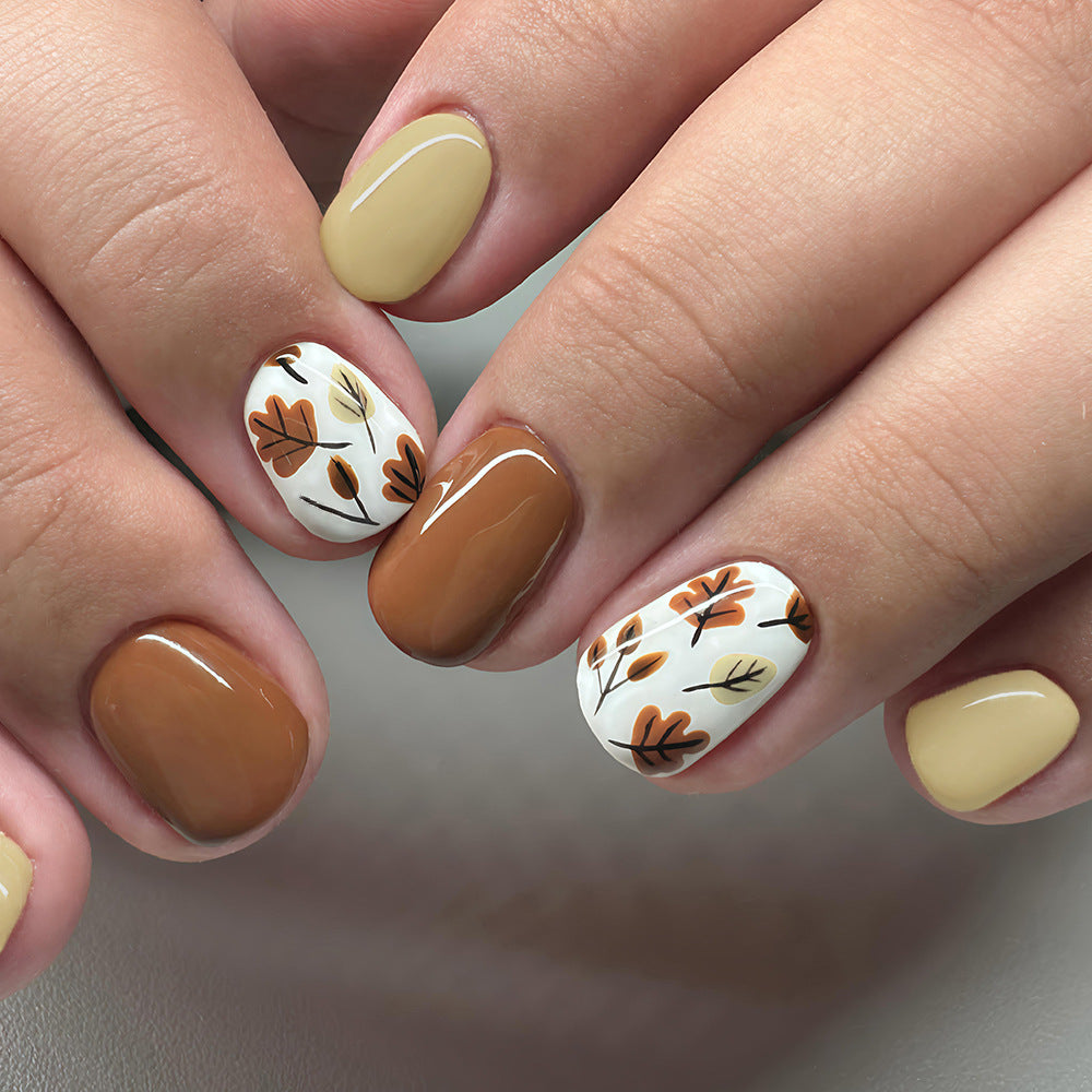 Autumn Elegance Short Square Brown and Beige Leaves Design Press On Nail Set