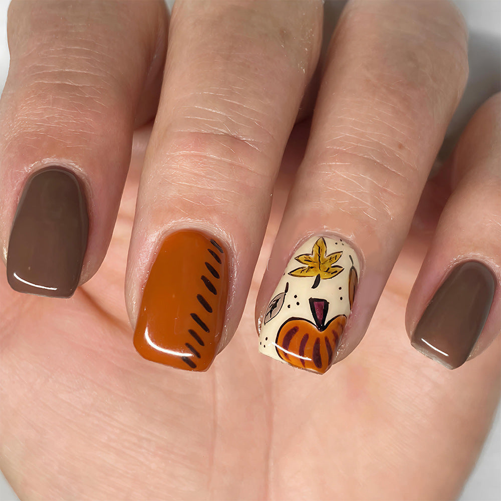 Autumn Vibes Short Square Brown Nails with Unique Leaf Design