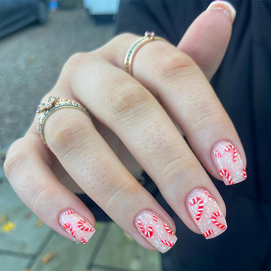 Festive Candy Cane Short Square Pink Glittery Press On Nail Set