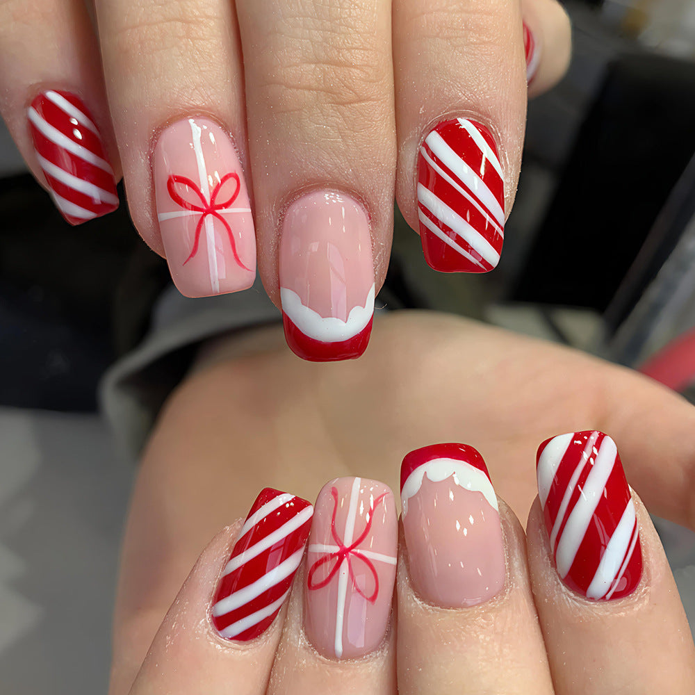 Festive Holiday Vibes Short Square Red and White Candy Cane Print Press On Nail Set