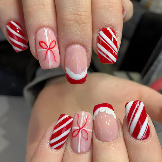 Festive Holiday Vibes Short Square Red and White Candy Cane Print Press On Nail Set