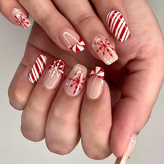 Festive Sugar Plum Short Square Red and White Candy Cane Design Press On Nail Set
