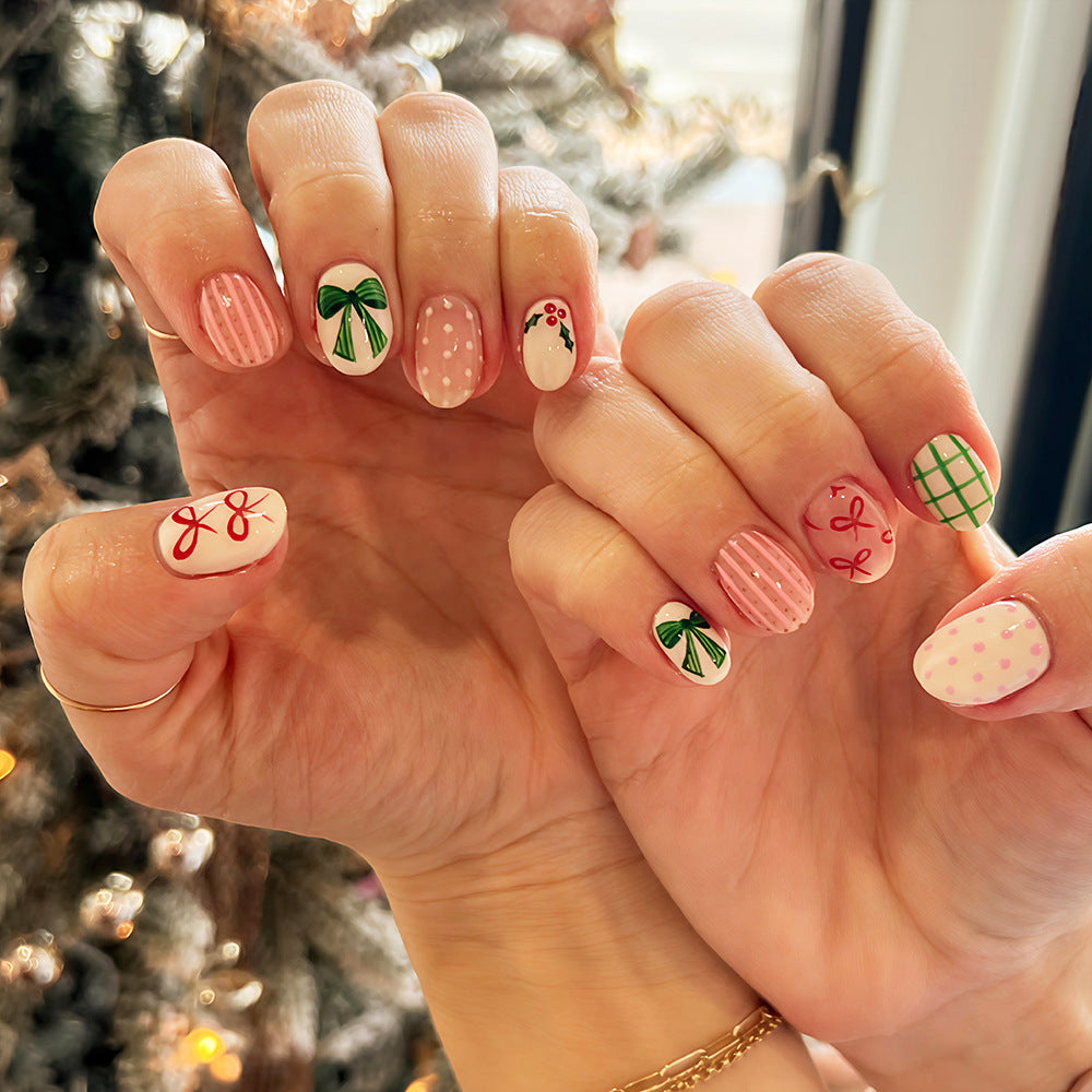 Holiday Glam Short Round Pink and Green Festive Bow Press on Nail Set