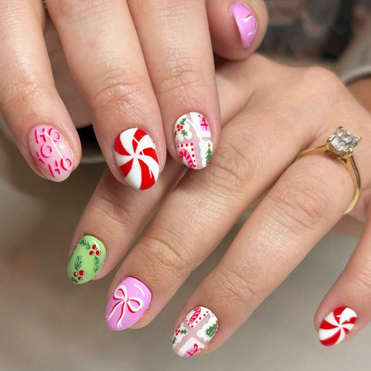 Festive Holiday Short Round Red and Green Candy Themed Press On Nail Set