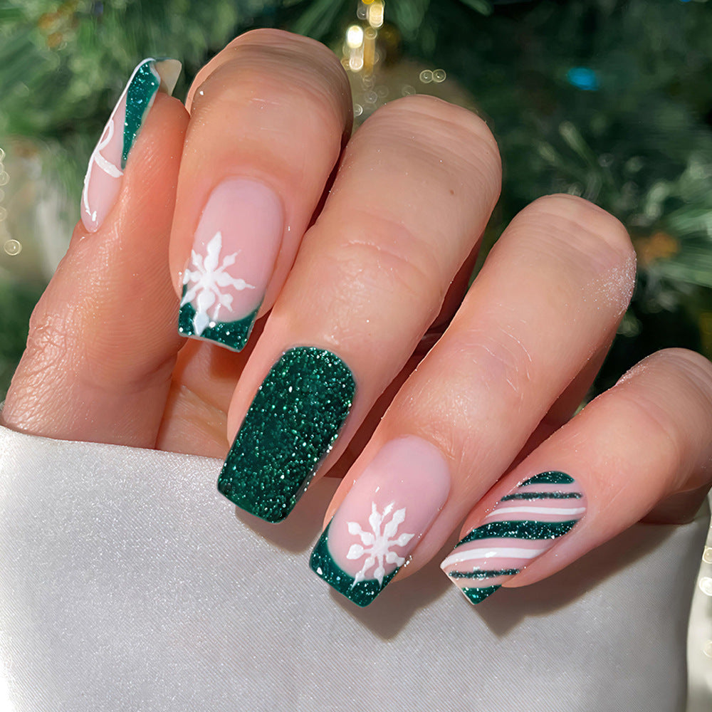Winter Wonderland Long Square Emerald Glitter Press-On Nail Set