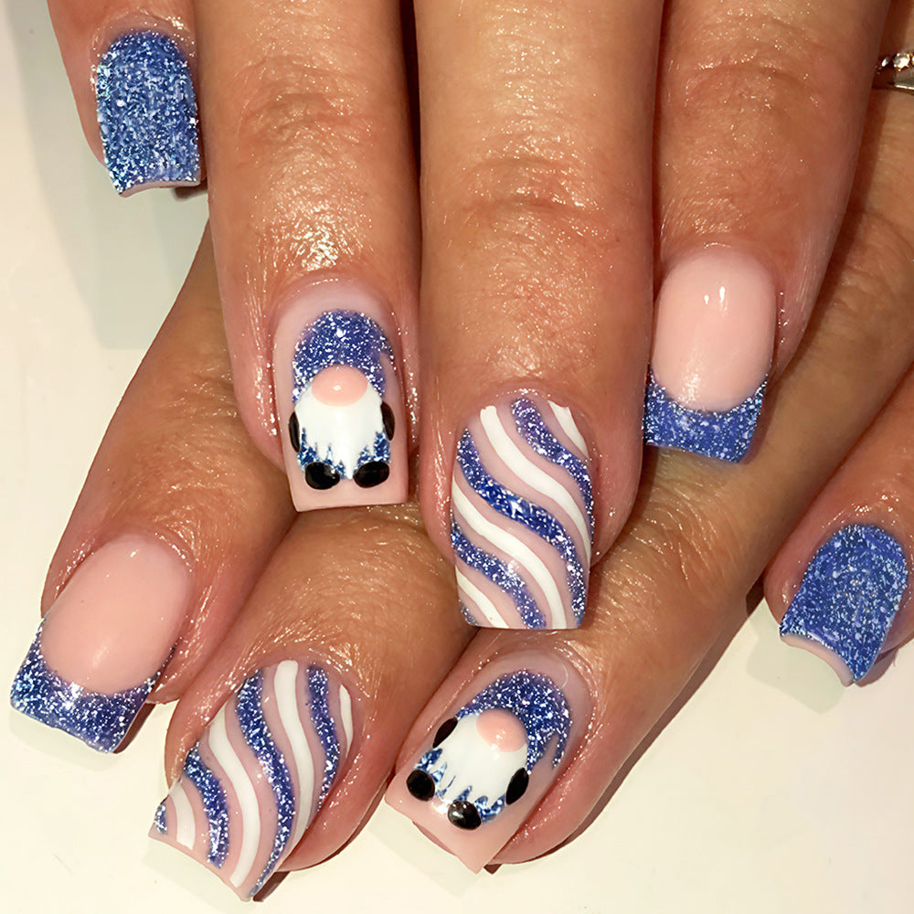 Whimsical Blue Medium Square Glitter Press On Nail Set