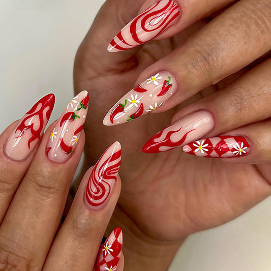 Spicy Red Medium Almond Nail Set with Unique Flame and Floral Designs