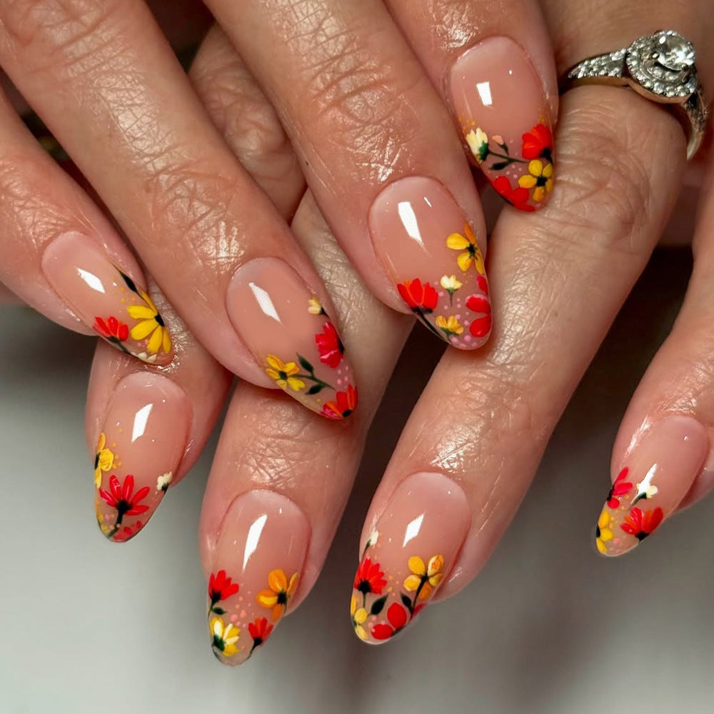 Floral Elegance Medium Almond Beige with Vibrant Flower Tips Press On Nail Set