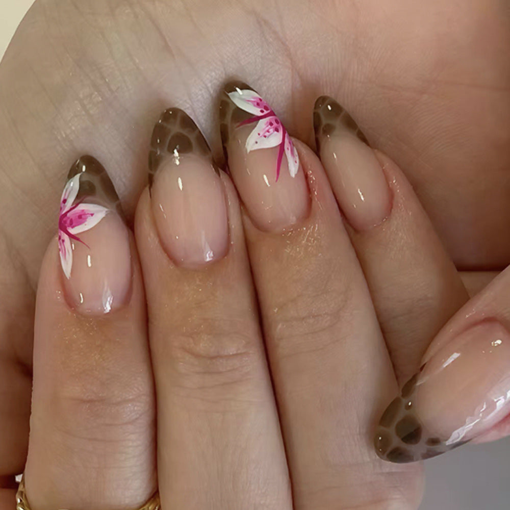 Giraffe Print Glamour Medium Almond Brown with Floral Accents Press On Nail Set