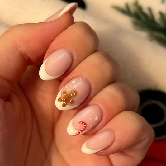 Gingerbread Delight Short Almond Pink and White Nail Set with Festive Decorations