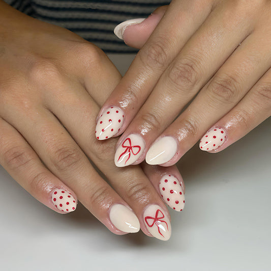 Charming Dollhouse Short Almond Off White with Red Bow Design Press on Nail Set