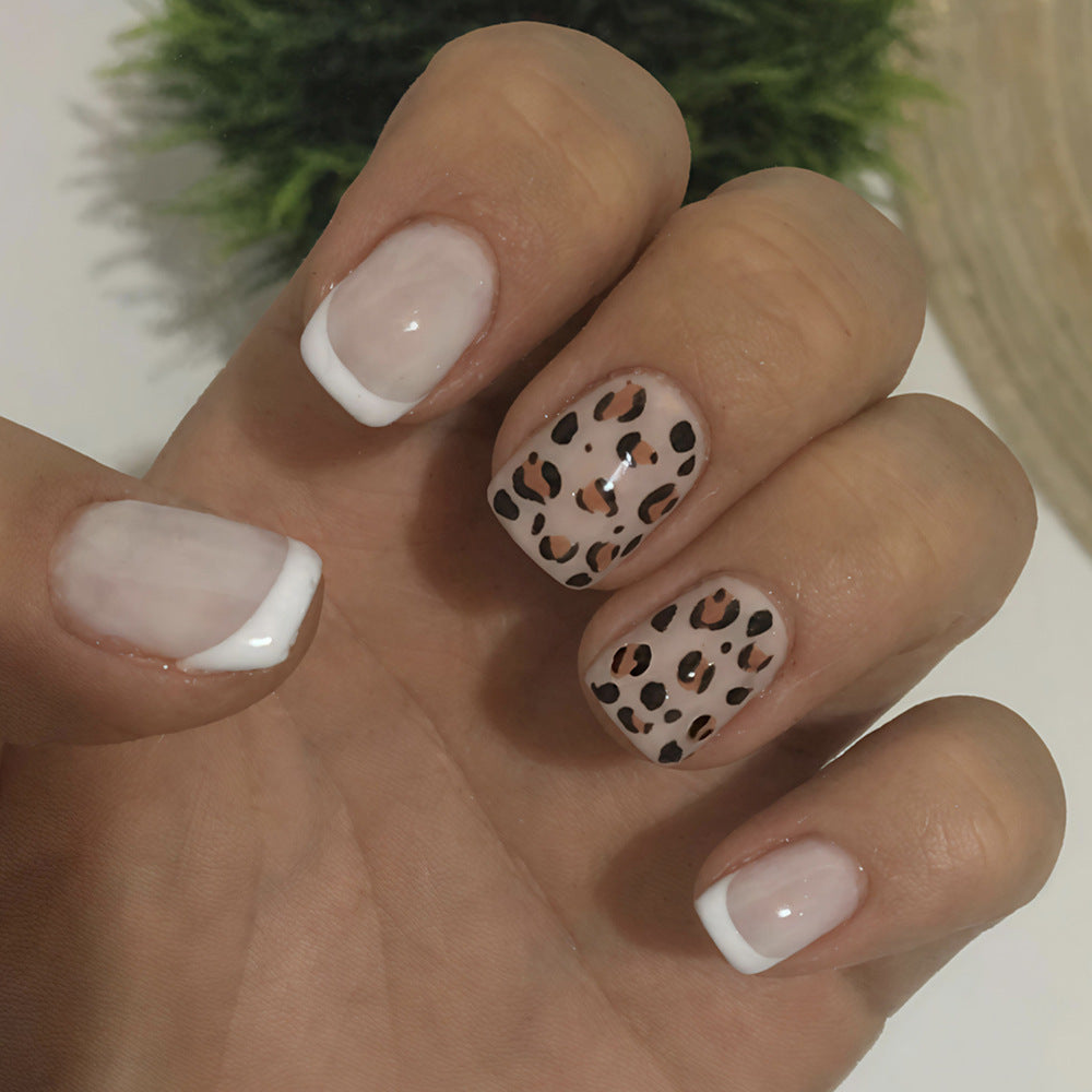 Wild Safari Short Square White Tip Press on Nail Set with Leopard Print Accent